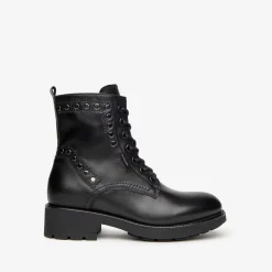 Anfibi Donna in Pelle Nera con Lacci e Zip