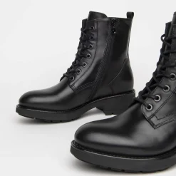Anfibi Donna in Pelle Nera con Lacci e Zip