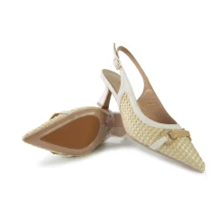 Chanel Slingback con Tacco in Pelle e Raffia Bianco