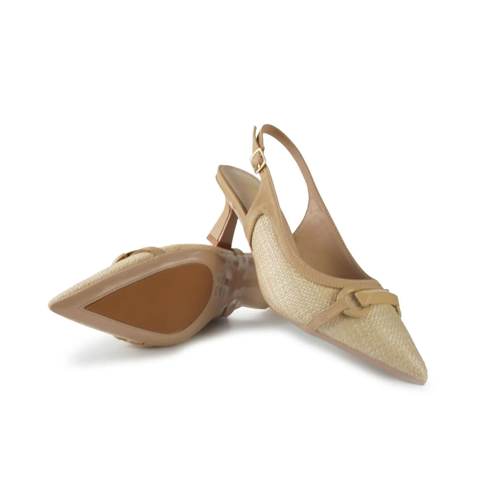 Chanel Slingback con Tacco in Pelle e Raffia Beige