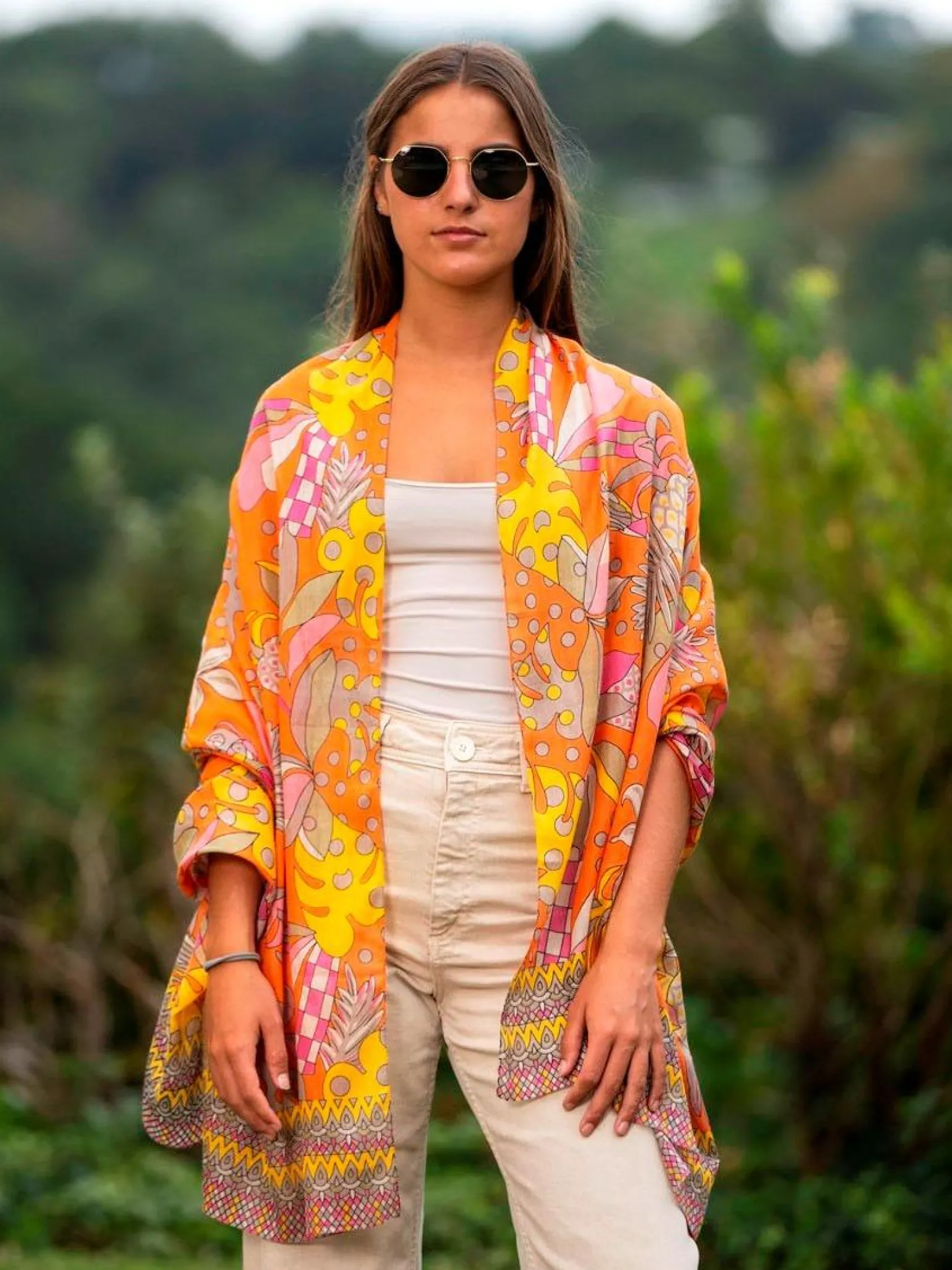 Foulard Pareo in Cotone Stampato Fantasia Arancio