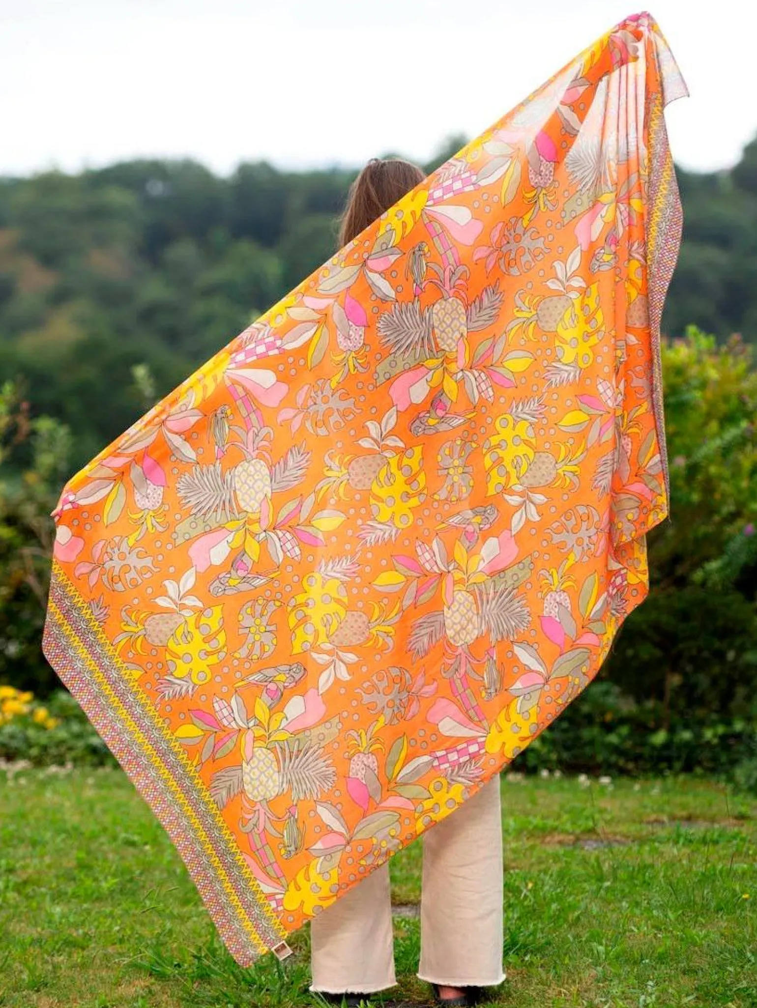 Foulard Pareo in Cotone Stampato Fantasia Arancio
