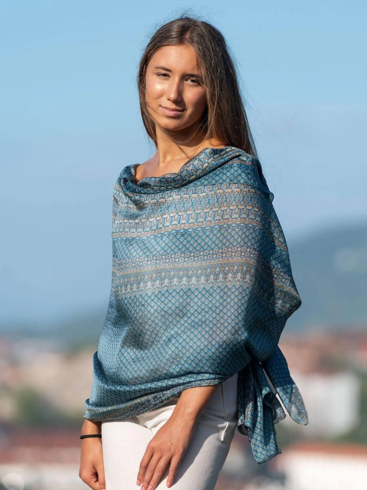 Foulard Pareo in Seta Stampa Azzurro