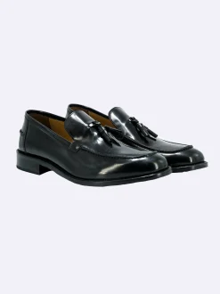 Mocassini Uomo in Pelle Nero Fondo Cuoio con Nappine Elegante Cerimonia Sposo