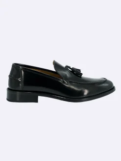 Mocassini Uomo in Pelle Nero Fondo Cuoio con Nappine Elegante Cerimonia Sposo