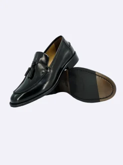 Mocassini Uomo in Pelle Nero Fondo Cuoio con Nappine Elegante Cerimonia Sposo