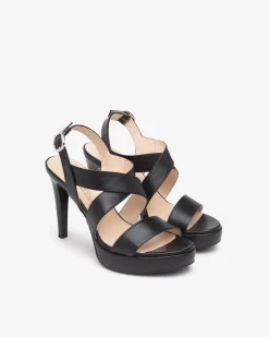 Sandali Donna con Tacco Alto e Plateau in Pelle Nero