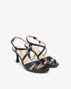 Sandali Donna con Tacco Rocchetto in Pelle Nero