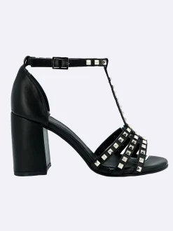 Sandali Donna in Pelle Nero Tacco Alto