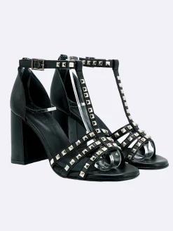 Sandali Donna in Pelle Nero Tacco Alto