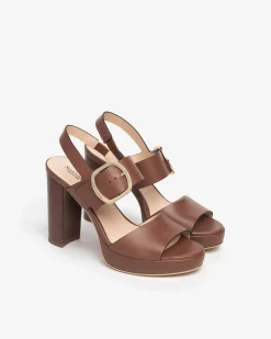 Sandali Donna Tacco Alto e Plateau in Pelle Cuoio
