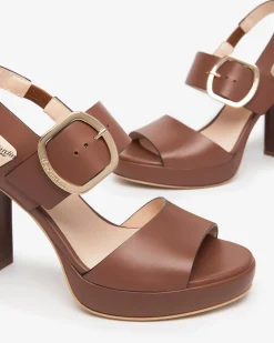 Sandali Donna Tacco Alto e Plateau in Pelle Cuoio