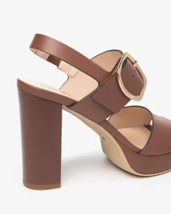 Sandali Donna Tacco Alto e Plateau in Pelle Cuoio