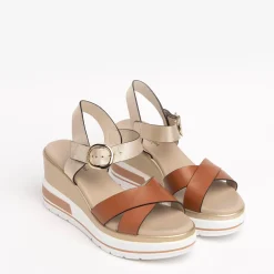 Sandali Donna Zeppa Pelle Cognac