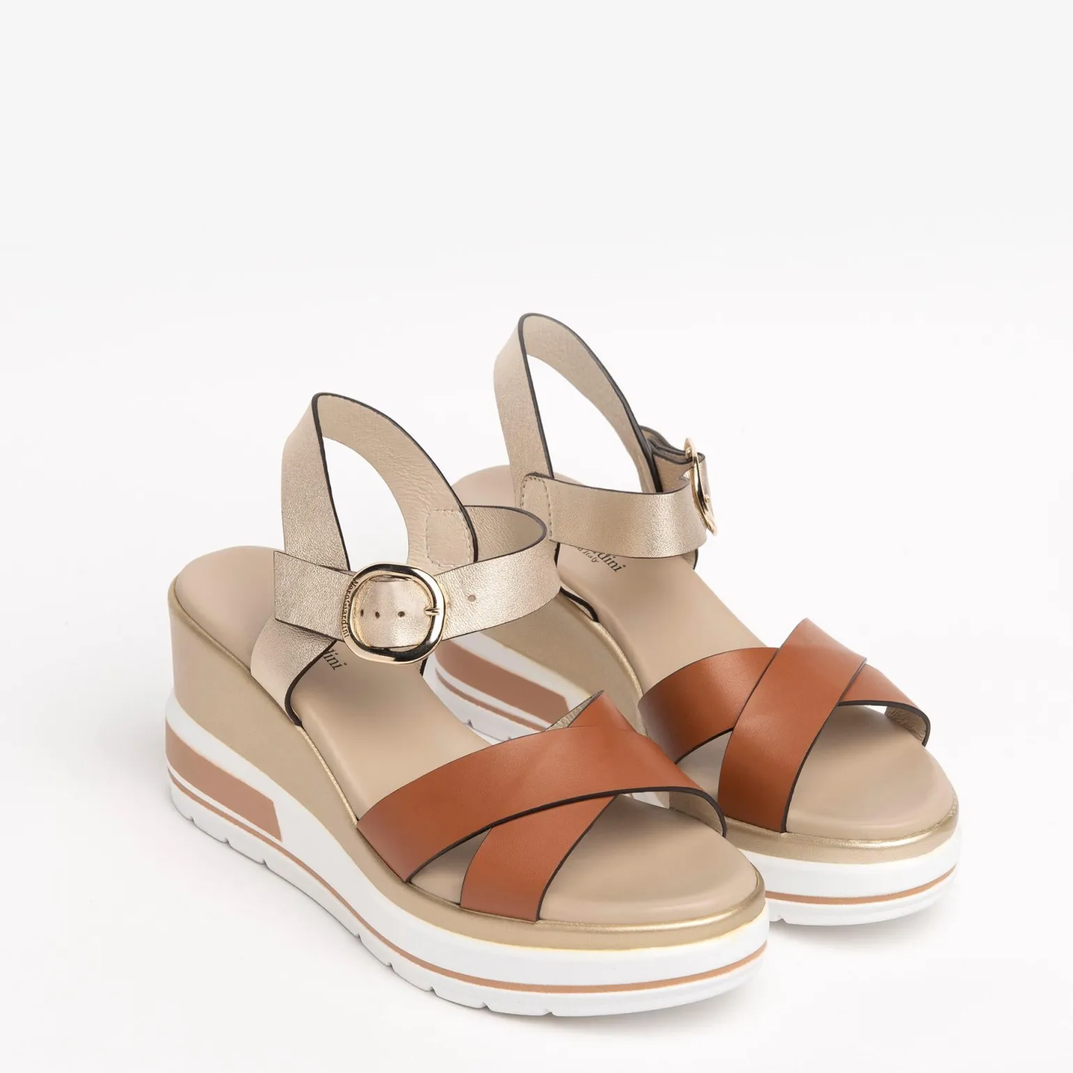 Sandali Donna Zeppa Pelle Cognac