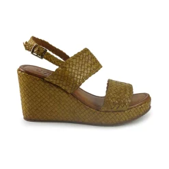 Sandali Zeppa Alta Donna in Pelle Intrecciata Giallo