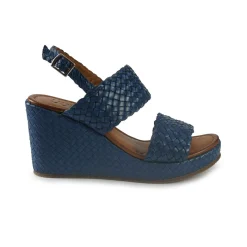 Sandali Zeppa Alta Donna in Pelle Intrecciata Azzurro