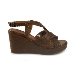 Sandali Zeppa Alta Donna in Pelle Intrecciata Cuoio