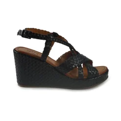 Sandali Zeppa Alta Donna in Pelle Intrecciata Nero
