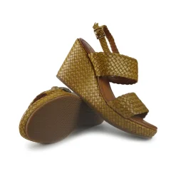 Sandali Zeppa Alta Donna in Pelle Intrecciata Giallo
