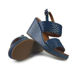 Sandali Zeppa Alta Donna in Pelle Intrecciata Azzurro