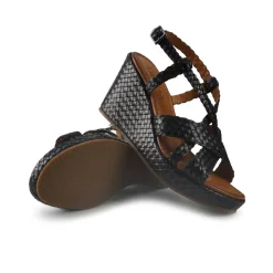 Sandali Zeppa Alta Donna in Pelle Intrecciata Nero
