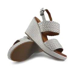 Sandali Zeppa Alta Donna in Pelle Intrecciata Bianca