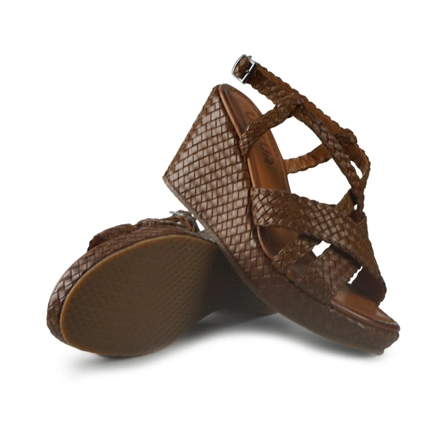 Sandali Zeppa Alta Donna in Pelle Intrecciata Cuoio