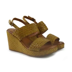 Sandali Zeppa Alta Donna in Pelle Intrecciata Giallo