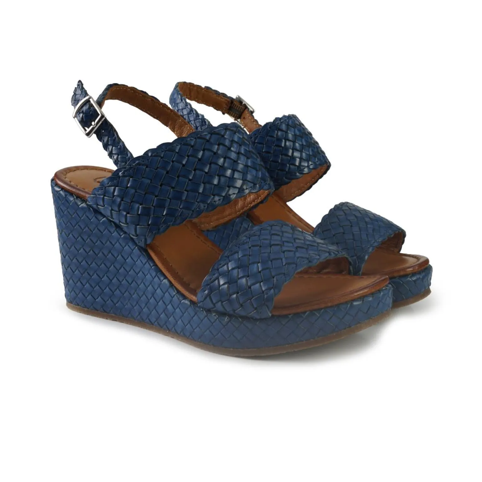 Sandali Zeppa Alta Donna in Pelle Intrecciata Azzurro