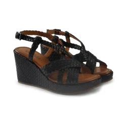 Sandali Zeppa Alta Donna in Pelle Intrecciata Nero