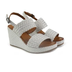 Sandali Zeppa Alta Donna in Pelle Intrecciata Bianca