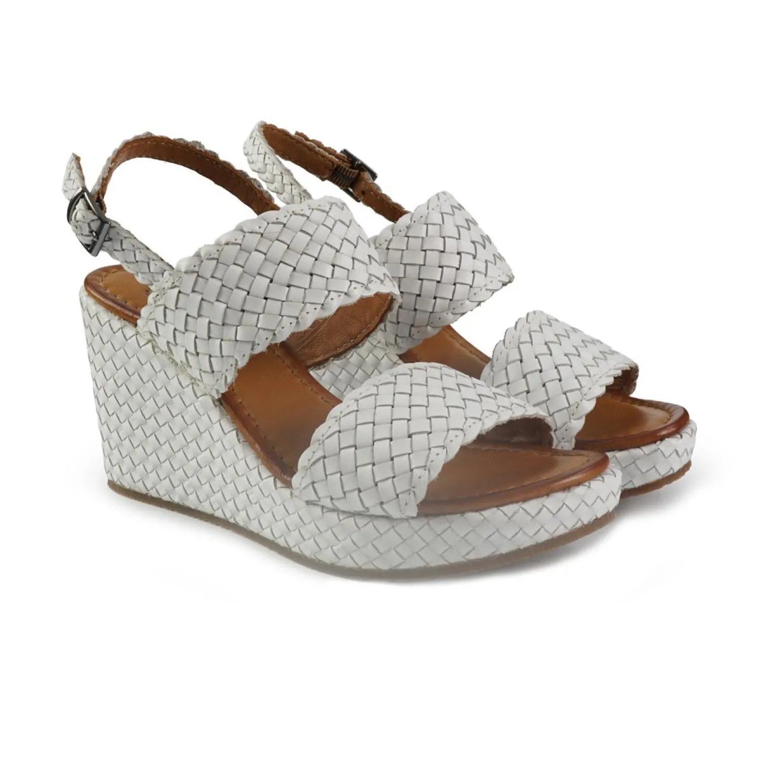 Sandali Zeppa Alta Donna in Pelle Intrecciata Bianca
