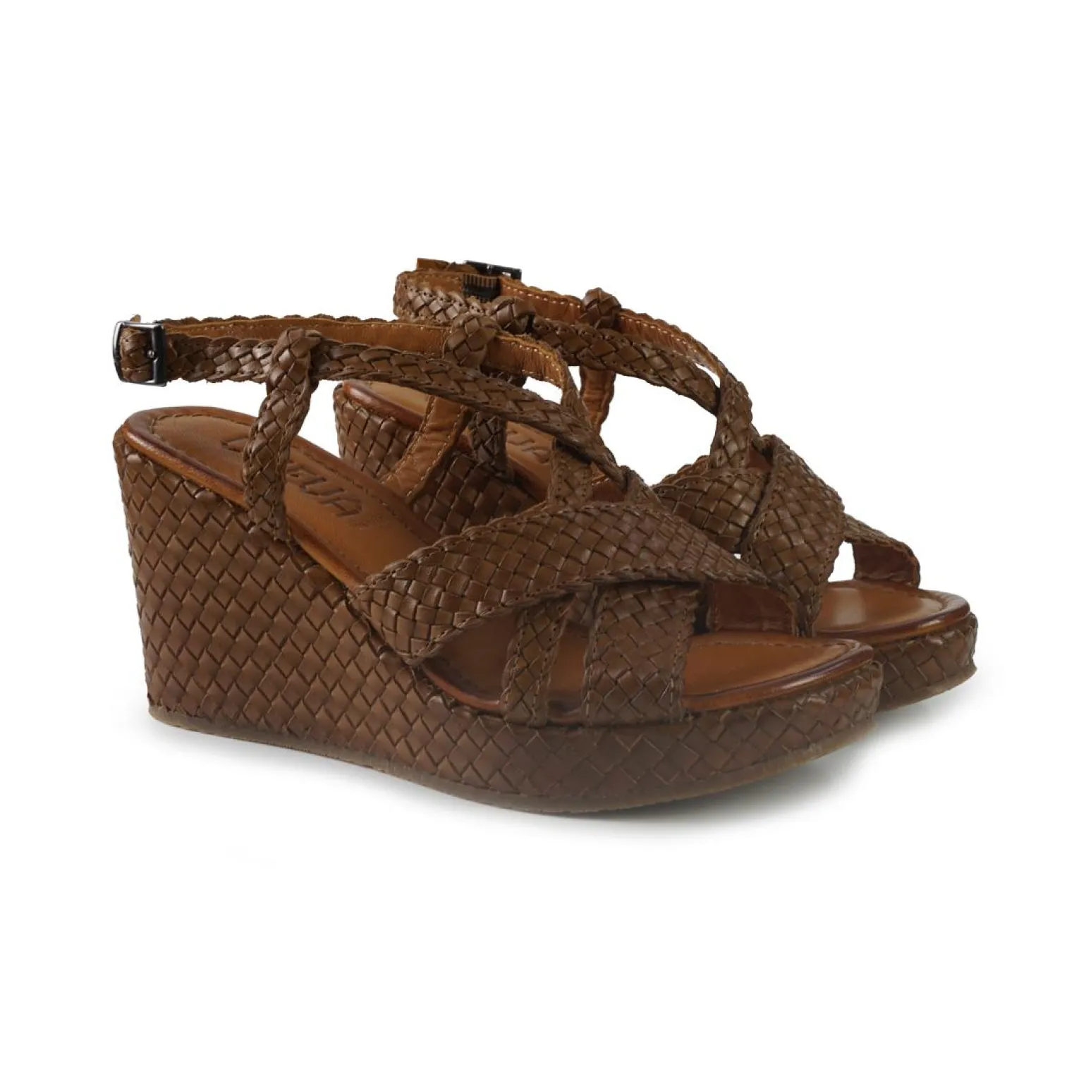 Sandali Zeppa Alta Donna in Pelle Intrecciata Cuoio