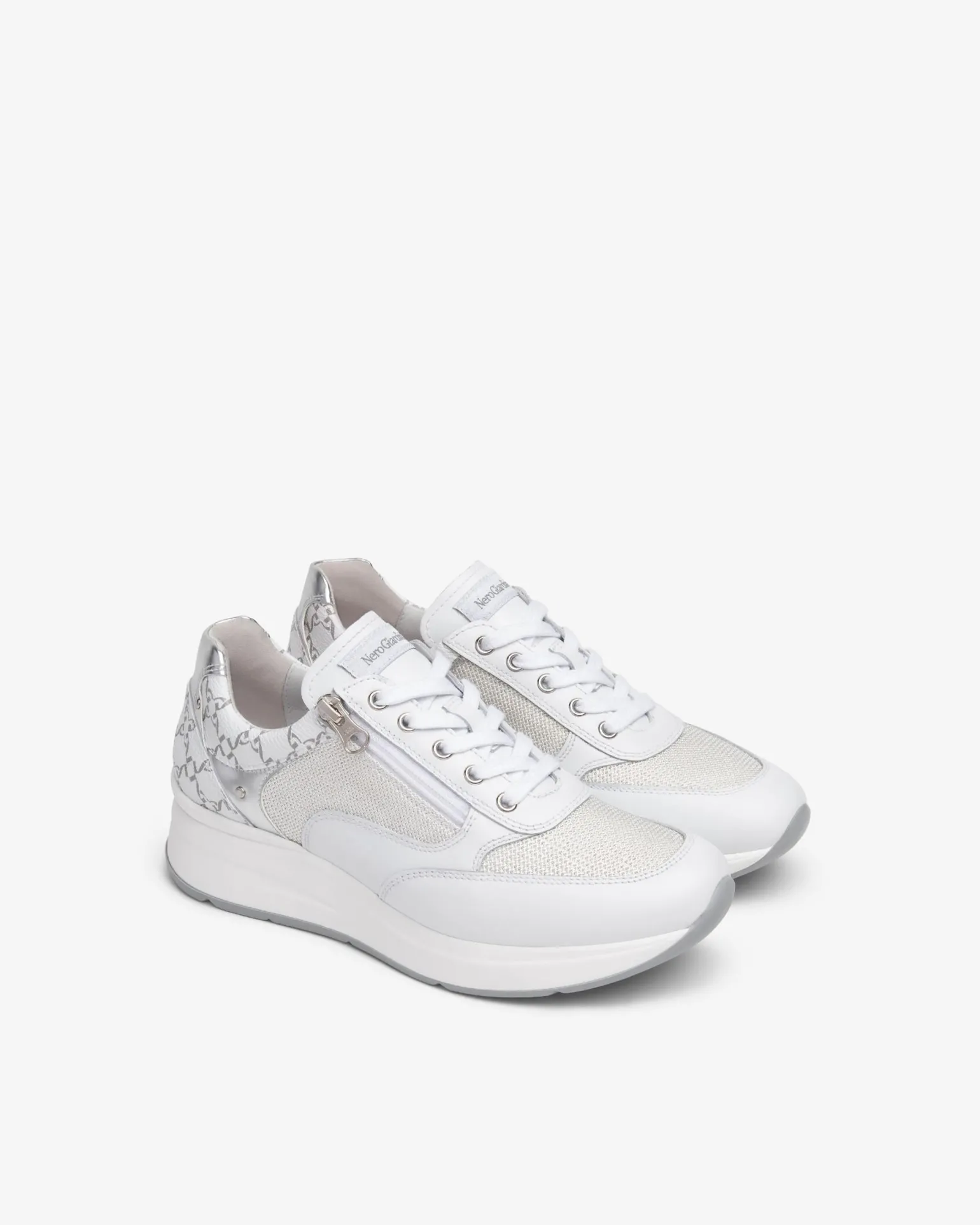 Sneakers Donna con Lacci e Zip in Pelle Bianca