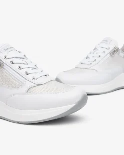Sneakers Donna con Lacci e Zip in Pelle Bianca