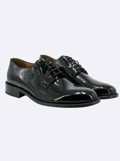 Stringata Uomo Elegante Sposo Cerimonia Vernice Nero Fondo Cuoio Cucito Derby Liscio