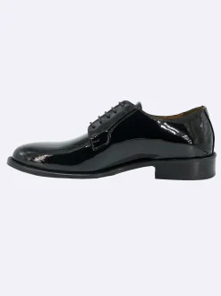 Stringata Uomo Elegante Sposo Cerimonia Vernice Nero Fondo Cuoio Cucito Derby Liscio